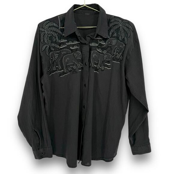 Vintage 1990s Elephant Embroidered Novelty Black Chambray Button Up Shirt - Picture 1 of 3